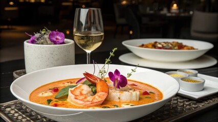 Seafood Tom Kha in Modern Fusion Restaurant Setting
