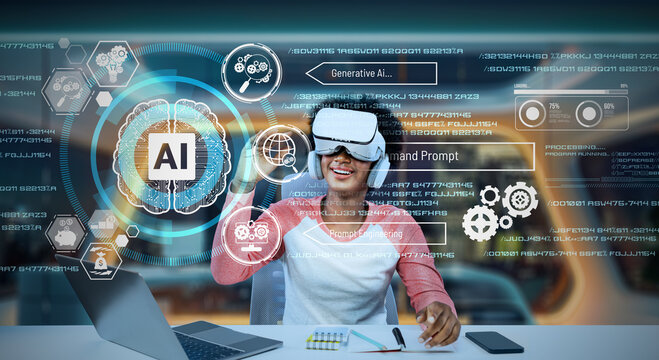 Smart african girl looking at AI technology hologram while using metadata. Academic student wearing casual cloth and VR headset while using augmented reality glasses. Technology innovation. Ingenuity.