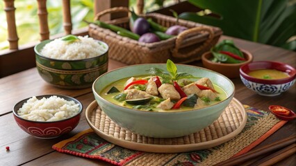 Vibrant Family-Style Green Curry Platter with Rice and Vegetables