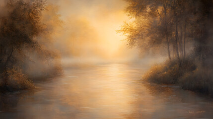 Fototapeta premium Ethereal Enchantment: Golden Light Piercing Through the Mist