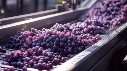 Grapes are being sorted on a conveyor belt in a vineyard during the harvesting season. The sunlight enhances the rich color of the fruit, showcasing their quality for natural wine making.