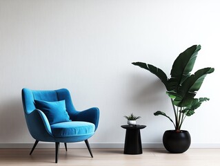 Minimalist Living Room with Blue Armchair and Green Plant Modern Interior Design