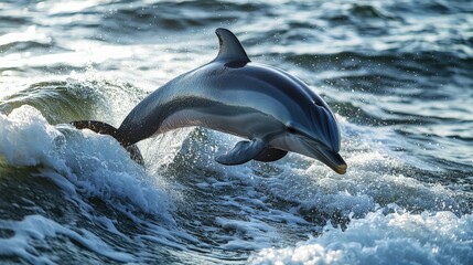 Fototapeta premium A dolphin leaps gracefully from the ocean waves, showcasing its agility and playfulness in a vibrant marine environment.