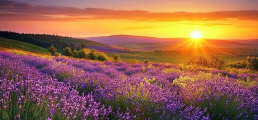 Fototapeta premium Lavender Field at Sunset with Vibrant Colors and Rolling Hills in the Background