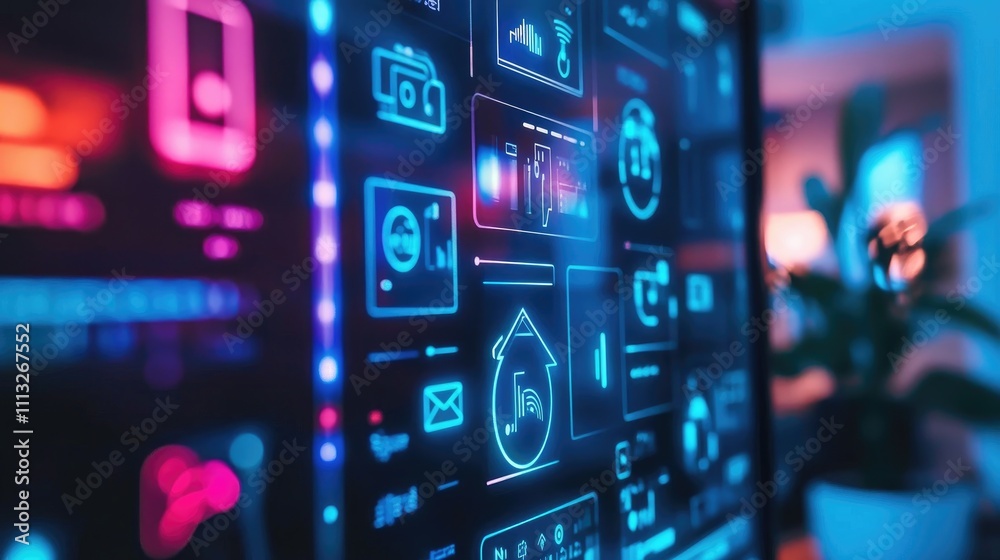 Poster digital interface concept with colorful graphics and icons displayed