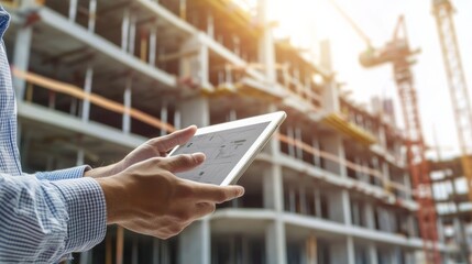 An architect reviewing energy-efficient building designs on a tablet at a construction site, Energy-efficient design review scene, Sustainable architecture style