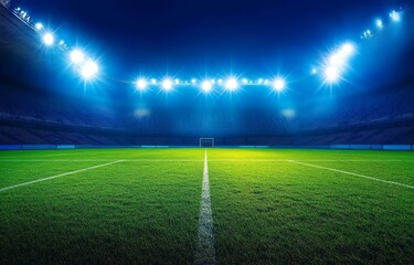 Obraz premium Empty Football Stadium Night Scene with Bright Lights and Green Grass Field