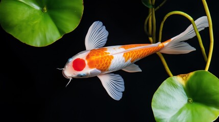 Colorful koi fish swimming among water lilies in a serene garden pond during daylight
