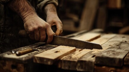 Artisan Craftsman Sawing Wood with Hands under Warm Workshop Light