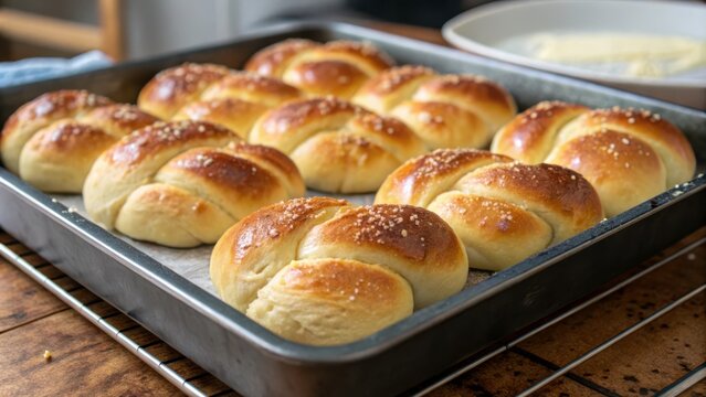 Freshly Baked Yeast Bread Buns in Knot Shape Ready for Serving on a Rustic Kitchen Counter. Generative AI