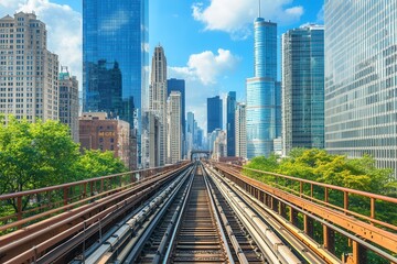 Naklejka premium A vibrant cityscape featuring elevated train tracks leading into a downtown area, surrounded by modern skyscrapers and bright blue skies.