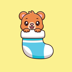 Cute Cartoon Grizzly Bear Hiding Inside a Sock Vector Icon Illustration. Animal Nature Icon Concept Isolated Premium Vector. Animals Cartoon Style