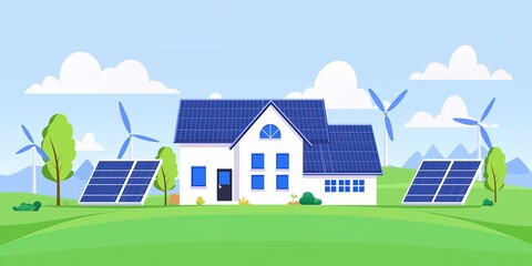 Eco-Friendly Home with Solar Panels and Wind Turbines in a Green Landscape Illustration