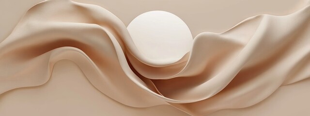 Obraz premium Abstract 3D Podium with Beige Background, Flowing Silk Curtain, Circle Frame, Soft Fabric Display for Beauty and Cosmetic Products