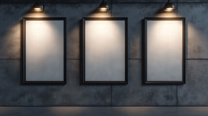 Blank movie posters illuminated by spotlights. Vector realistic mockup of white picture in black frames on gray tiled wall in cinema, theater hallway or gallery. Empty advertising banners with lamps