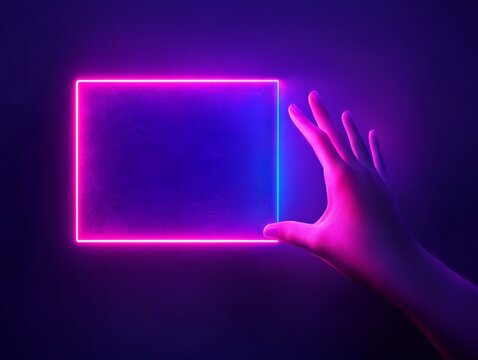 Neon Pink Blue Square Frame Held by Mannequin Hand on Purple Background Futuristic Minimalist Design