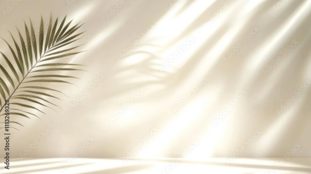 Poster palm leaf shadow on light beige wall minimalistic summer spring background for product presentation