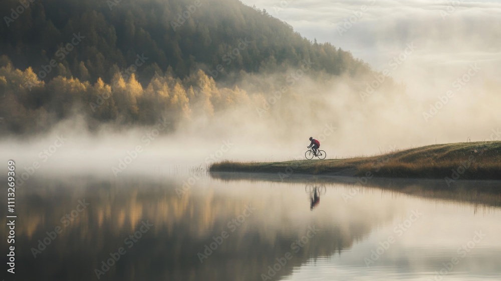 Poster a cyclist rides along the edge of a serene lake, surrounded by mist and autumn trees at dawn. the re