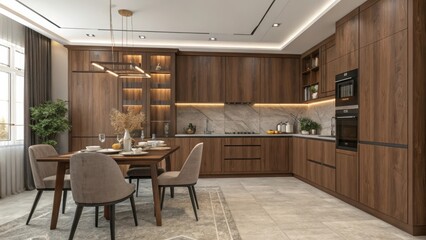 Elegant Brown Wooden Kitchen and Dining Area With Modern Design and Cozy Furnishings. Generative AI