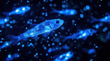 A school of bioluminescent fish creating a shimmering light display in the pitch-black deep sea