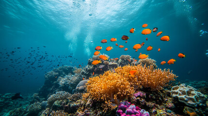 Naklejka premium Tropical sea underwater fishes on coral reef. Aquarium oceanarium wildlife colorful marine panorama landscape nature snorkeling diving