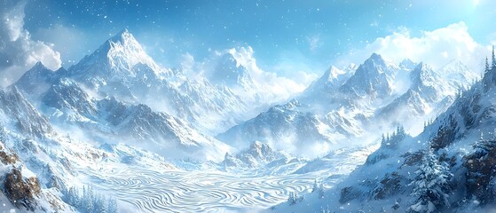 Obraz premium A breathtaking winter landscape showcasing majestic snow-covered mountains under a bright blue sky, with gentle snowfall and a frozen valley beneath.