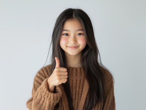 12 years old asian girl shows a thumbs up, approving pose, smiling, isolated white background