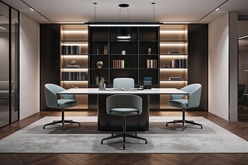 Stylish Contemporary 3D Furniture Design Featuring Stool Chair Table and Bookshelf in a Modern Office Setting