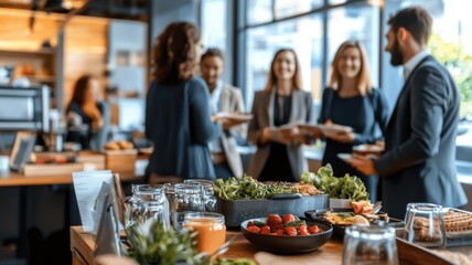 Free Meals Office. A lively business event at a cafe featuring a group of professionals engaging and enjoying fresh food in a modern setting.