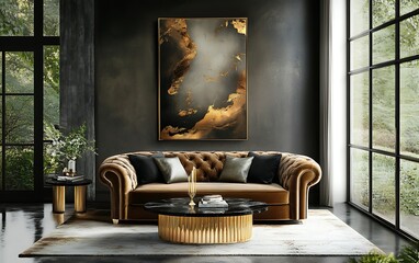 Luxurious living room with velvet sofa, gold accents, and abstract art.