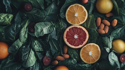 A flat lay of an assortment of healthy foods, including leafy greens, citrus fruits, and almonds, for boosting immunity 
