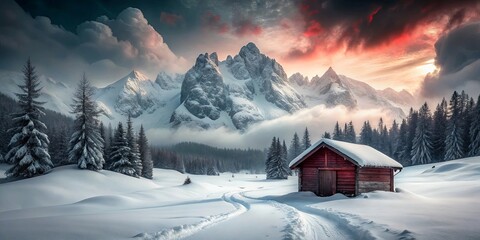 Fototapeta premium Serene Winter Landscape A Rustic Cabin Nestled Amidst Snow-Covered Mountains at Sunset