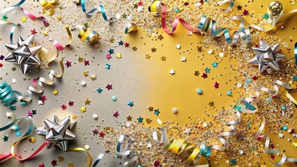 Fototapeta premium A Festive Celebration Background with Sparkling Confetti, Shiny Ribbons, and Elegant Bows