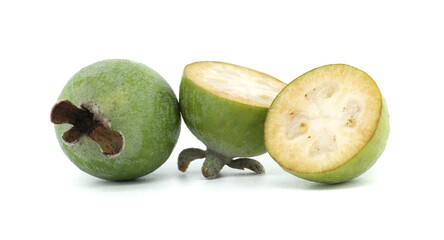 Close-Up of Fresh Whole and Sliced Feijoa Fruit on White Background