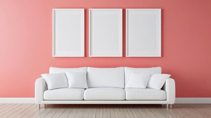 White Sofa and Empty Frames Against a Pink Wall