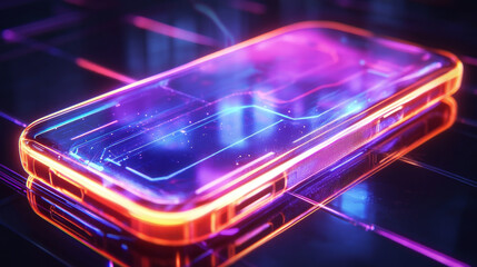 3d mobile phone screen on light glow background. Smartphone futuristic app mockup with abstract beams flare texture pattern scene template. Realistic glossy winner game presentation on device