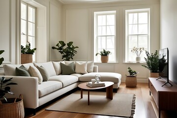 Fototapeta premium Modern living room with sectional sofa, coffee table, plants, and hardwood floors.