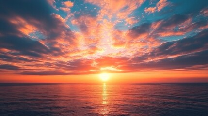 Obraz premium A vibrant sunset with fiery orange and pink clouds stretching across a dramatic sky over a calm ocean