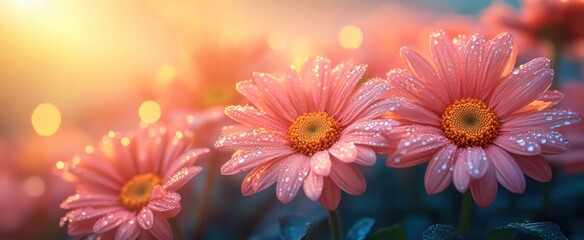 Fototapeta premium Dewdrops on Daisies in Morning Light with Bokeh Effect