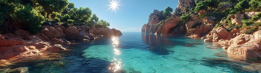 A serene landscape featuring crystal-clear waters reflecting sunlight, surrounded by vibrant greenery and rocky cliffs, creating a tranquil natural paradise.