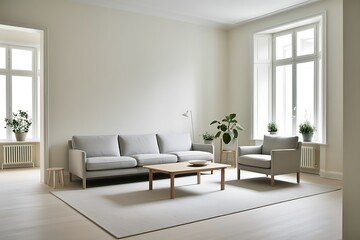 Fototapeta premium Minimalist living room with light grey sofa, armchair, wooden coffee table, and large windows.