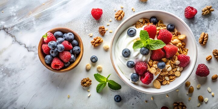 A delightful breakfast bowl filled with creamy yogurt, crunchy granola, and a vibrant mix of fresh raspberries and blueberries.