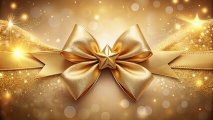A Luxurious Golden Bow with a Star Centerpiece on a Glittering Background