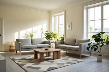 Sunlit living room with two grey sofas, wooden coffee table, and patterned rug.
