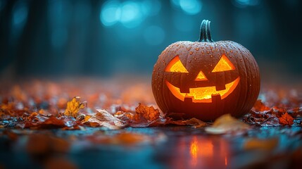 Jack O’ Lantern on Table with Full Moon Glow