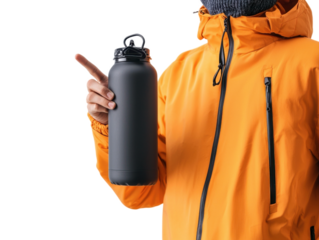 Person is holding a black water bottle and pointing to it. The person is wearing an orange jacket