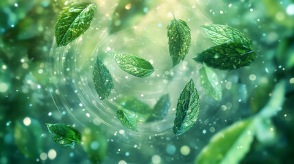 Abstract wind swirls with green leaves and sparkles isolated on transparent background. Vector realistic illustration of air vortex and wave with flying mint leaves