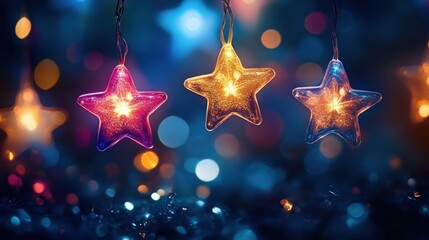 Colorful Christmas Star Ornament Background with Warm Fairy Lights and Glittering Decorations