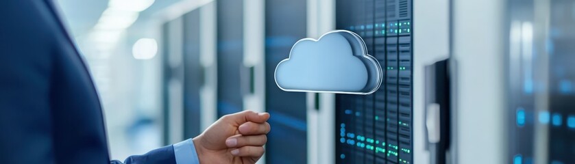 Obraz premium Businessman holds cloud server, symbolizing cloud computing, data storage and network solutions for modern businesses