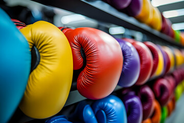 Various boxing gloves hang neatly on shelves, displaying a spectrum of colors and styles